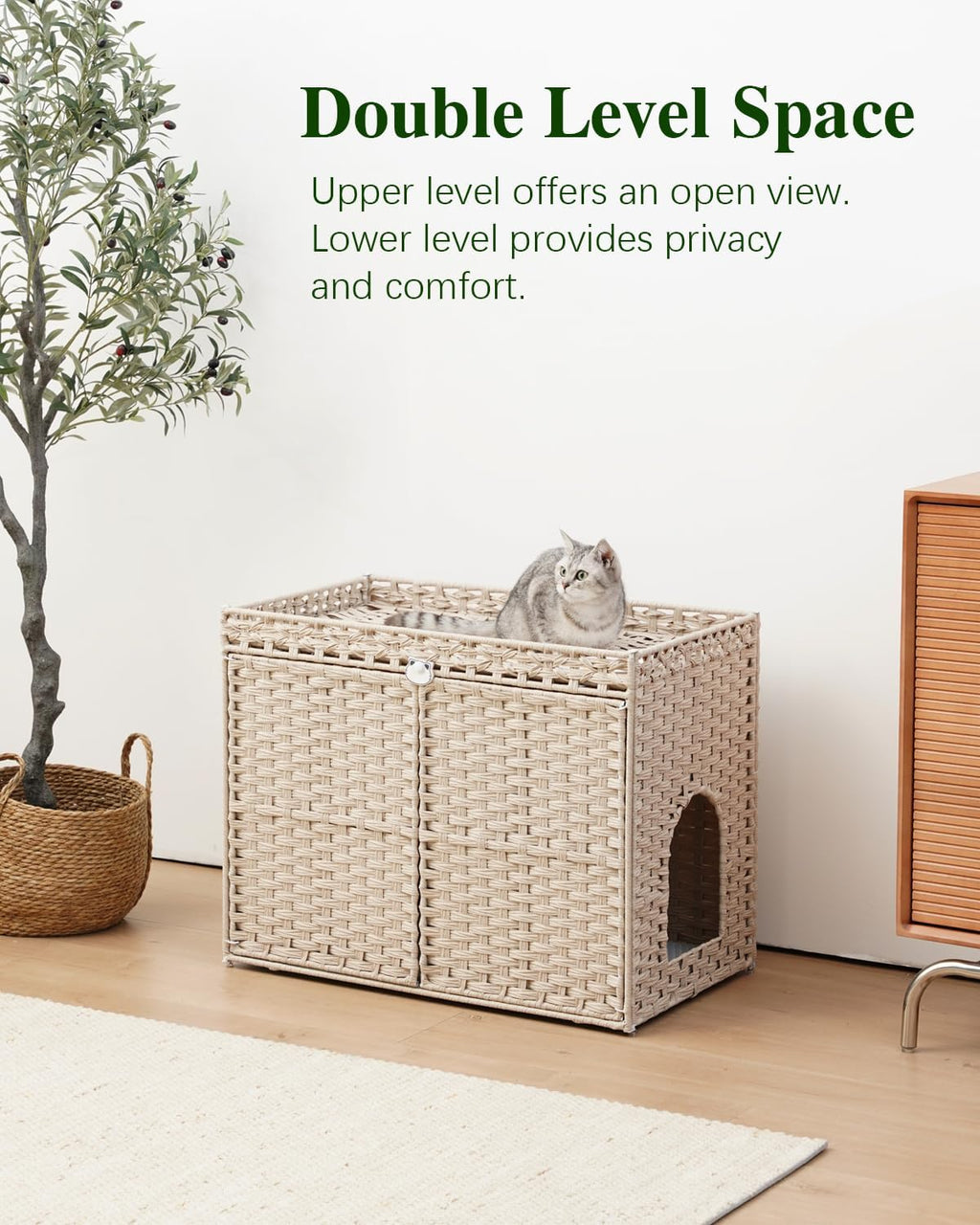 SETVSON Cat Litter Box Enclosure, XL Hidden PE Rattan, Light Khaki