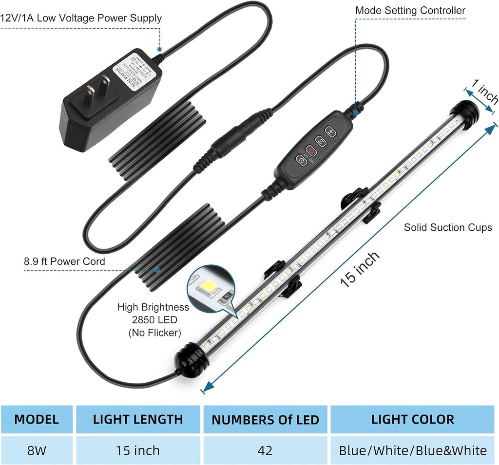 LED Submersible Aquarium Light 8W Underwater Fish Tank Light with Blue White&Blue and White Three Light Modes Timer Automatic On/Off and Dimmer Brightness Adjustable (15inch)