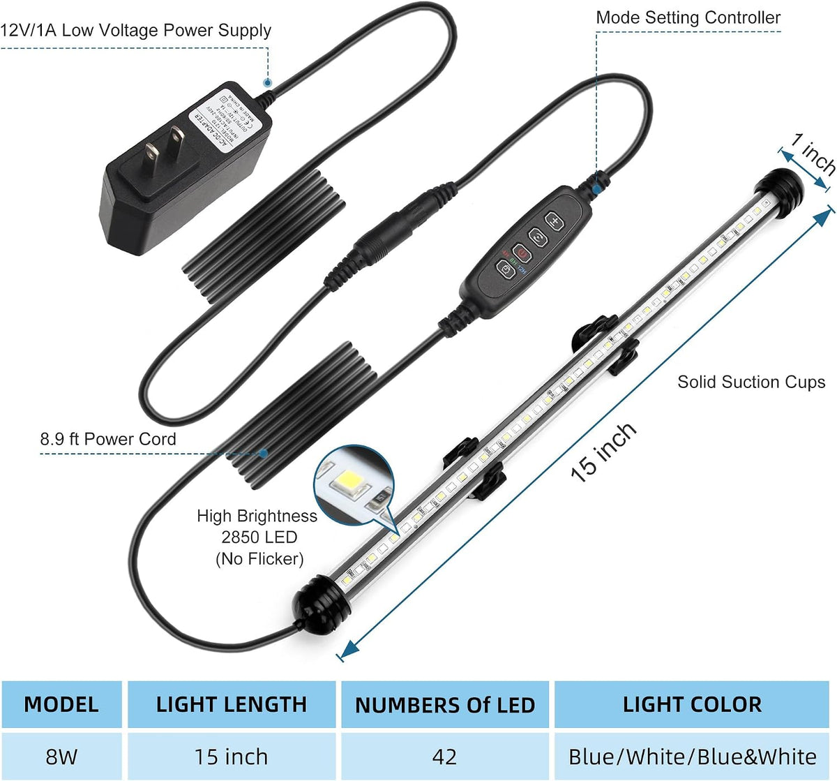 LED Submersible Aquarium Light 8W Underwater Fish Tank Light with Blue White&Blue and White Three Light Modes Timer Automatic On/Off and Dimmer Brightness Adjustable (15inch)