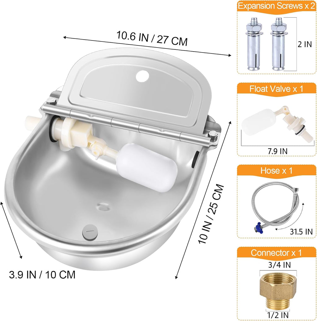 MYFAMIREA Automatic Animal Drinking Water Bowl Stainless Steel Waterer Feeder Farm Dog Dispenser Kit Self Filling for Livestock Horse Goat Water Trough with Float Valve Drain Hole Hose Adapter Bolts