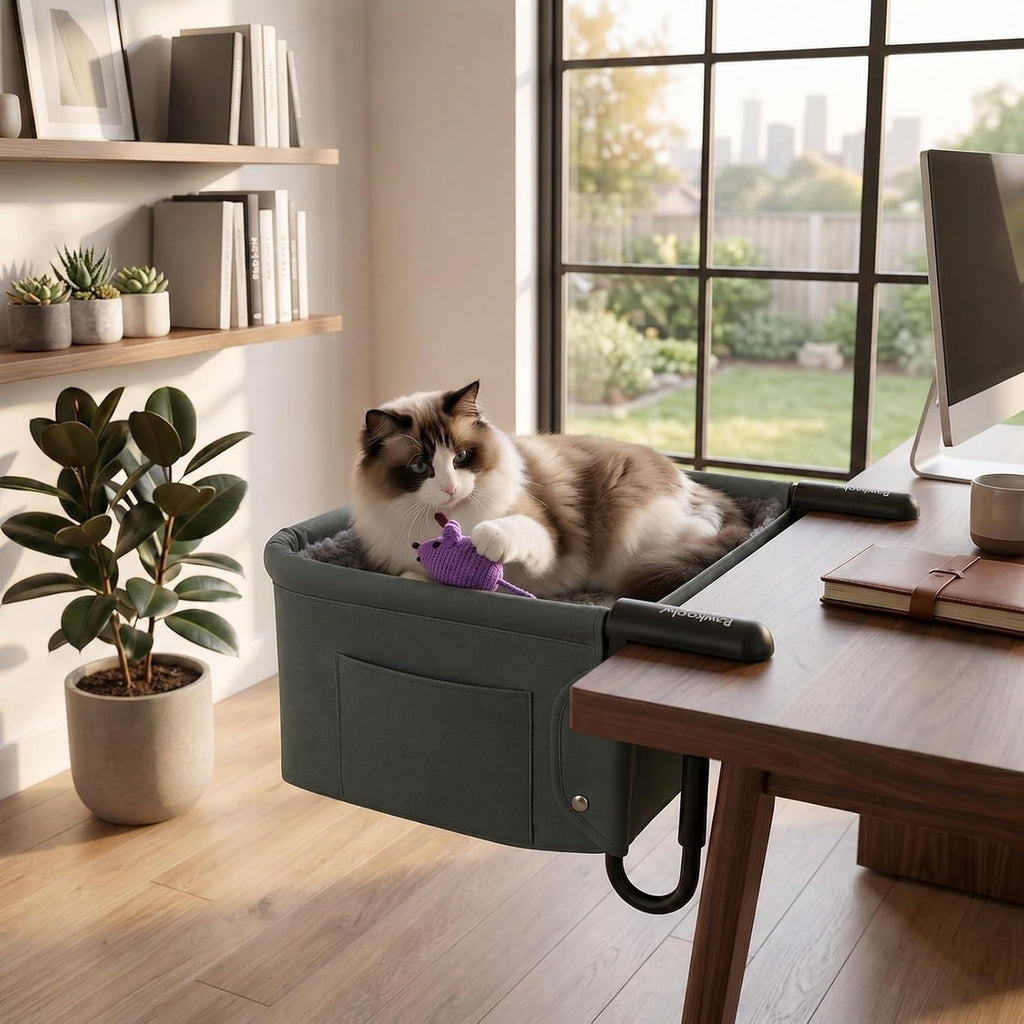 Extra-Sturdy Clamp-On Cat Desk Bed Attachment for Large Cats 50LBS,Desk Mount Cat Perch Hammock with Dual-Sided Detachable Mat&Side Storage Pockets,Tool-Free Easy Install for Gaming/Office(Sage Green)