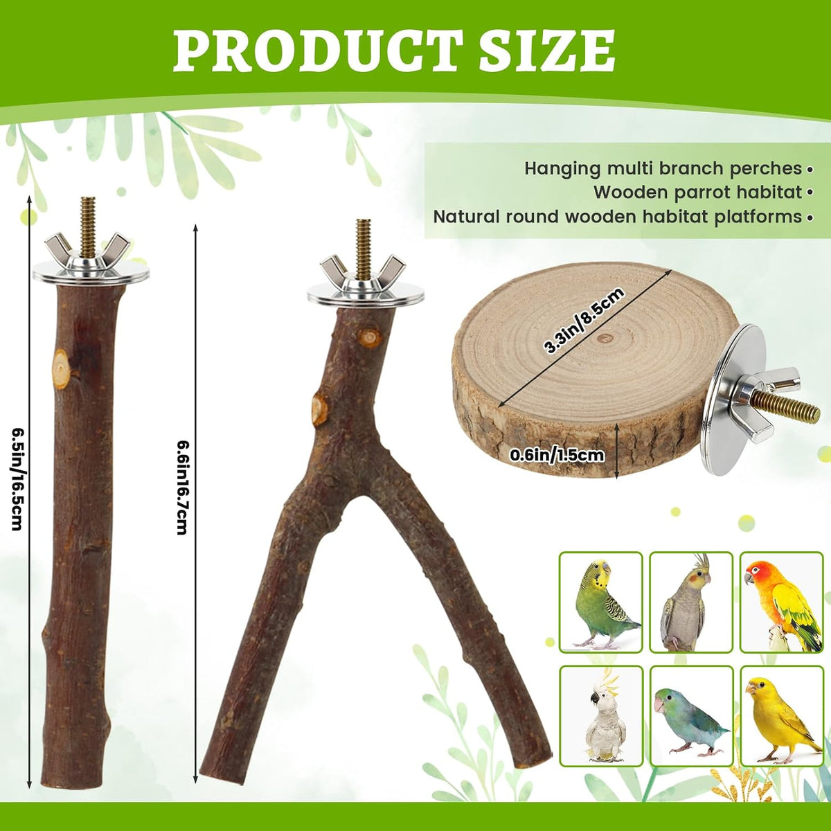 8 Pack Bird Perch, Natural Apple Wood Platforms, Hardwood Branches Cage Accessories for Parakeets, Cockatiels, Lovebirds and Other Small Birds