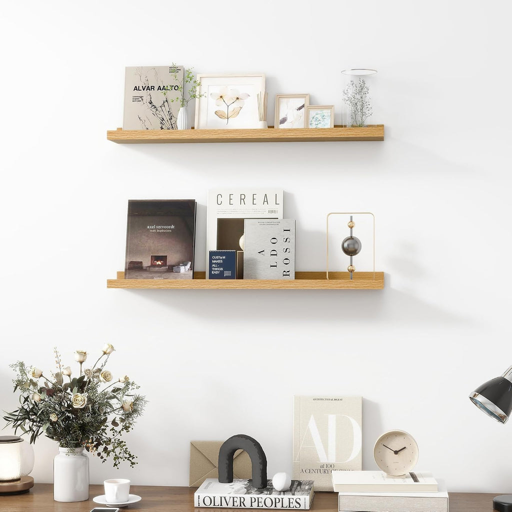 Picture Ledge Shelf, MDF Wood Floating Shelves Set of 2, Picture Ledge Photo Ledge Wall Mounted for Living Room Kids' Room Bedroom, Color Black (Oak, 30in-2pcs)