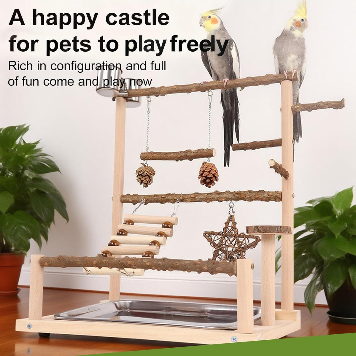Bird Playground Parrot Perch Play Stand, Natural Wood Parakeet Playstand Cockatiel Toys, Budgie Play Gym & Cage Accessories - Removable Stainless Steel Tray, 2 Feeder Cups, Ladders & Swings