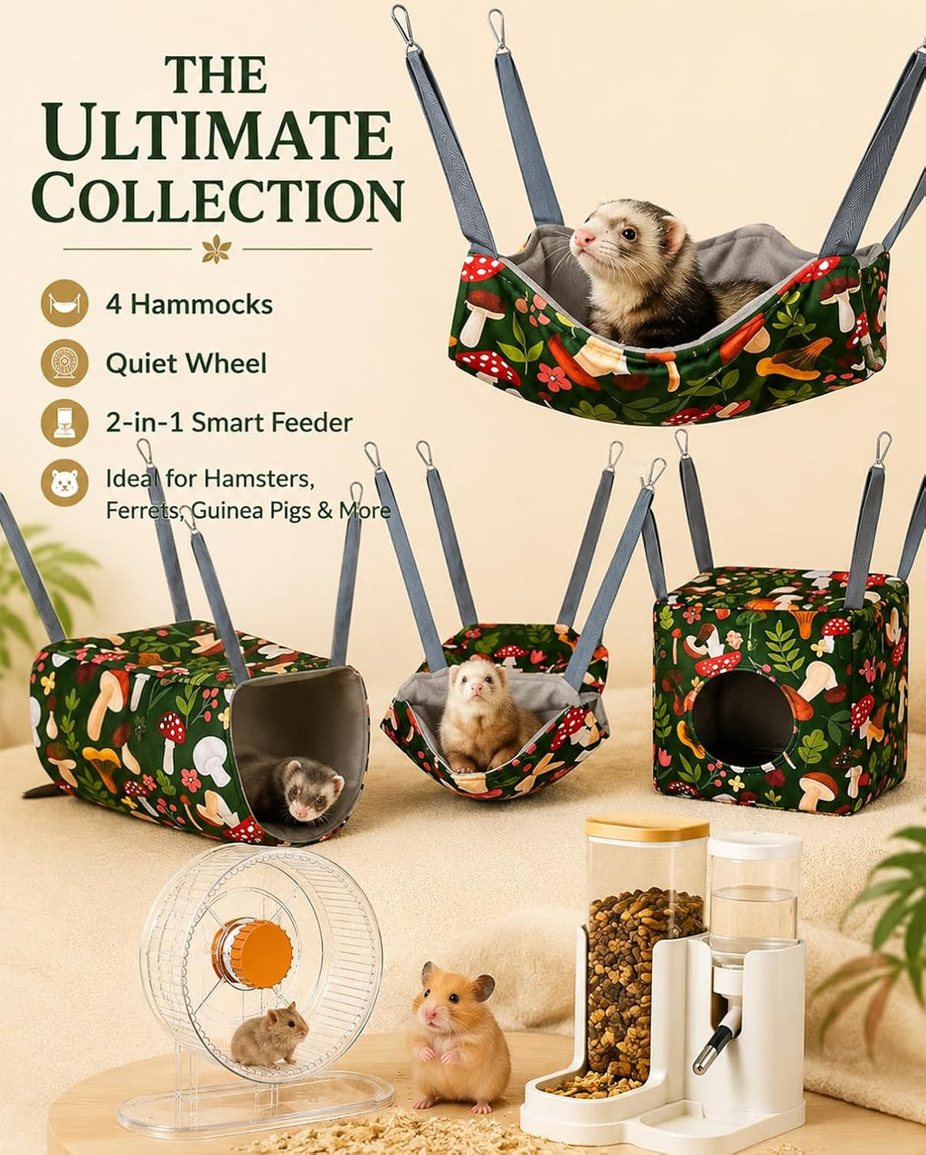6-Piece Guinea Pig Hammock Set，with 4 Hammocks，Wheel & Feeder