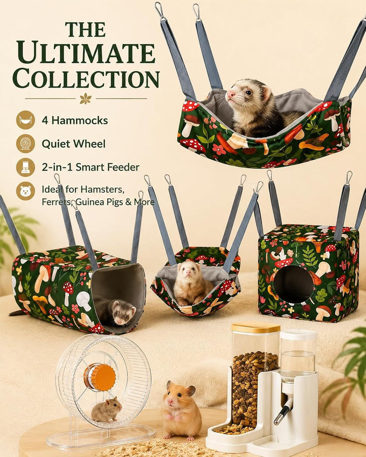 6-Piece Guinea Pig Hammock Set，with 4 Hammocks，Wheel & Feeder