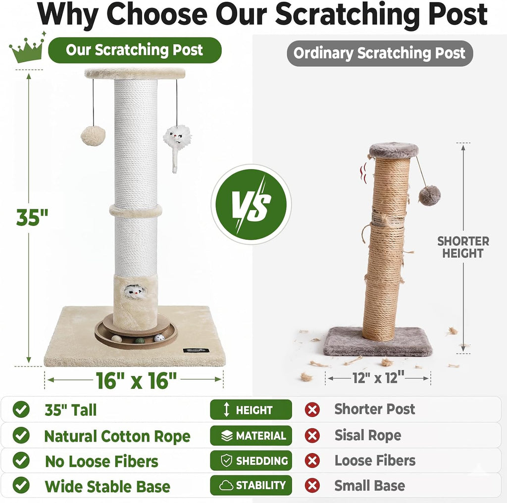 35-Inch Tall Cat Scratching Post, Stable Base for Large Cats, Beige