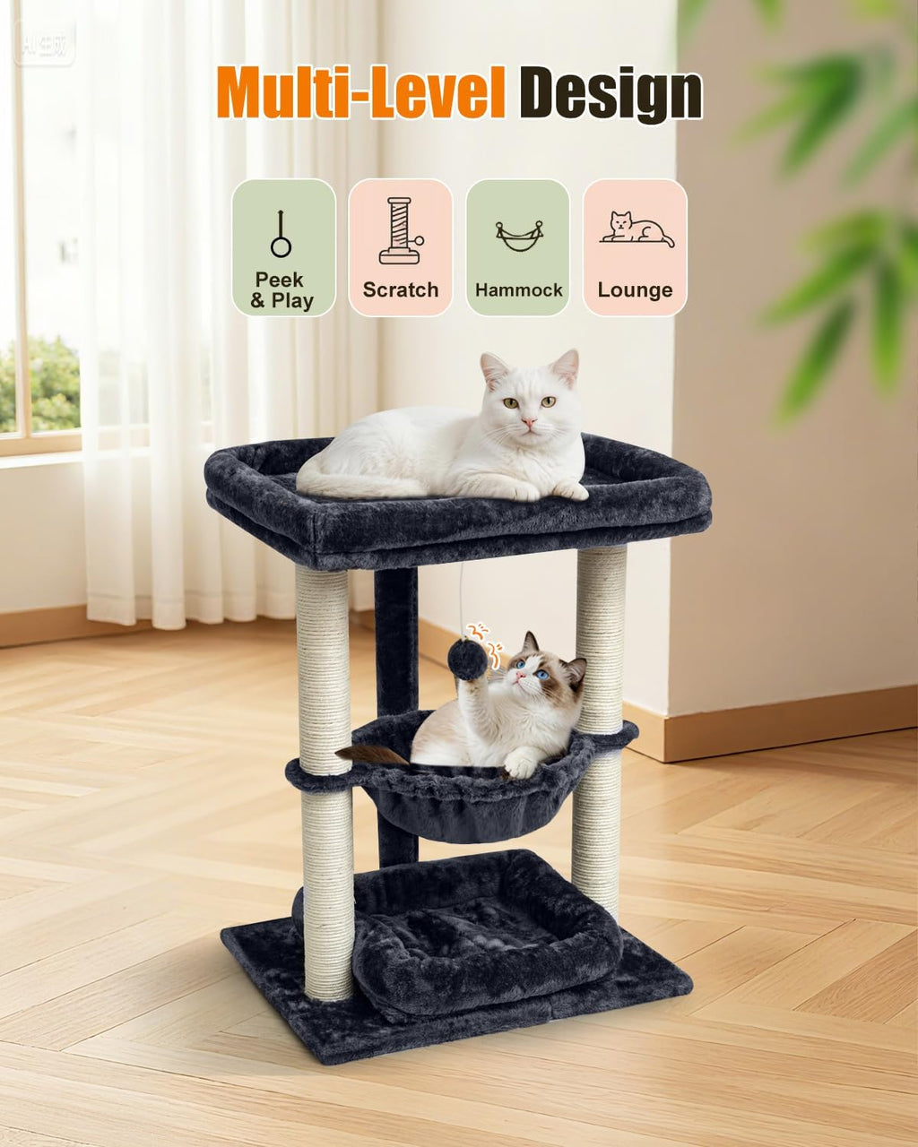 SYANDLVY 3 Level Cat Tree for Large Cats with Top Perch, Hammock/Bottom Bed