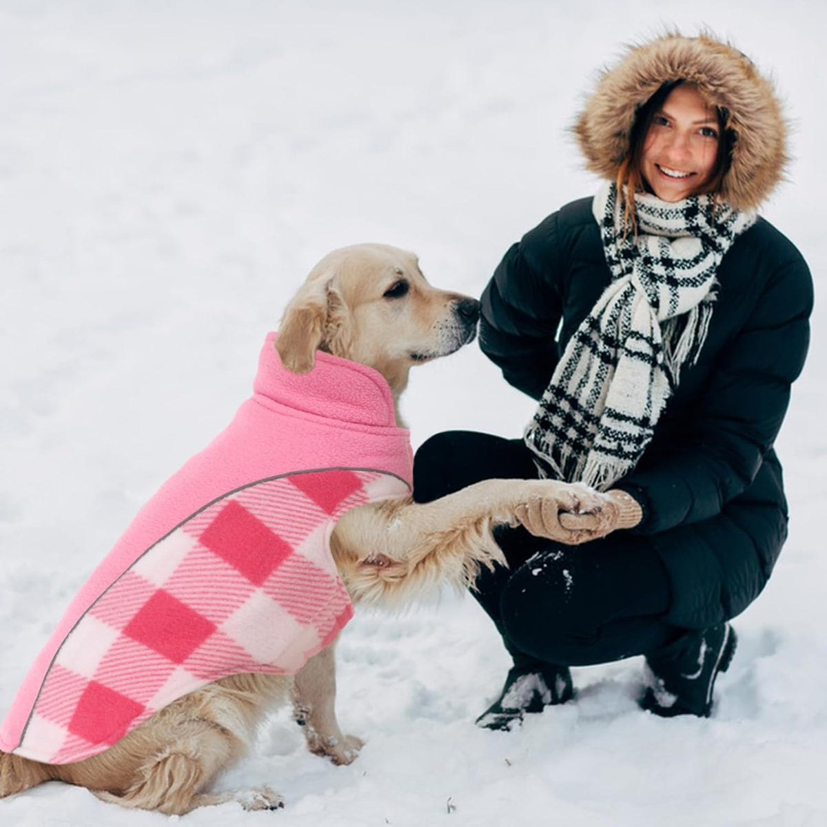 Kuoser Dog Winter Coat, Reversible Waterproof Dog Jacket with Reflective Strip, Warm Dogs Fleece Vest Adjustable Doggy Cold Weather Clothes Plaid Christmas Outfit Pet Apparel for Small Dogs, Pink XS
