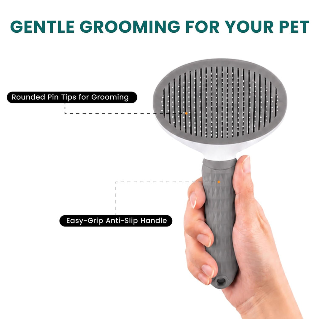 Self Cleaning Slicker Brush for Dogs & Cats | Skin-Friendly Deshedding Grooming Tool for Dogs & Cats | Pet Grooming & Shedding Brush for Removing Loose Fur, Detangling & Coat Care (Grey)