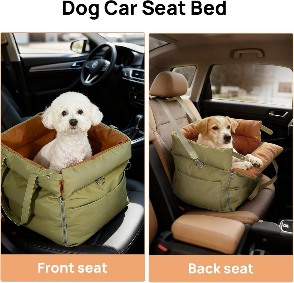 Dog Car Seat Bed for Small & Medium Dogs Under 30lbs, Premium Dog Car Seat, Soft & Stylish & Waterproof, Easy to Clean for Front or Back Seat (Green)