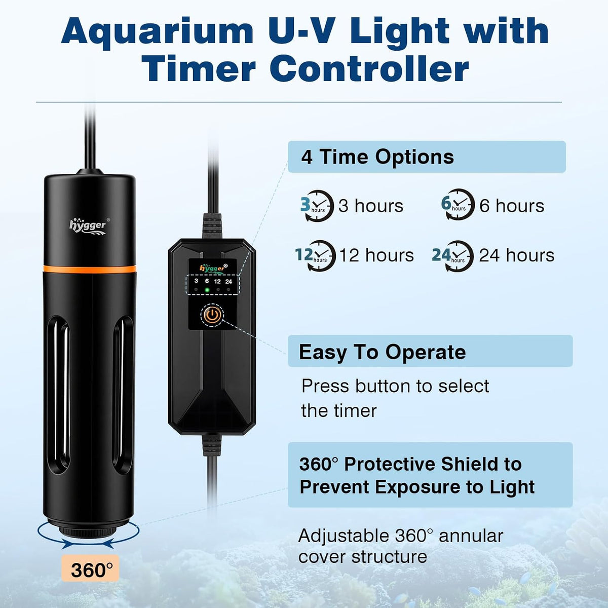 hygger 7W Aquarium U-V Light with Timer, 360° Protective Shield Clean Lamp for Green Water & Algae, Amphibian Small U-V Light for 30-130 Gal Freshwater & Saltwater Fish Tanks
