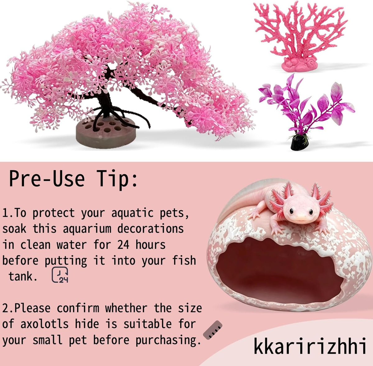 Axolotls Hide for Aquarium with Silk Plants for Tank Decor,Ceramic Aquarium Cave for Axolotls (Large, Pink)