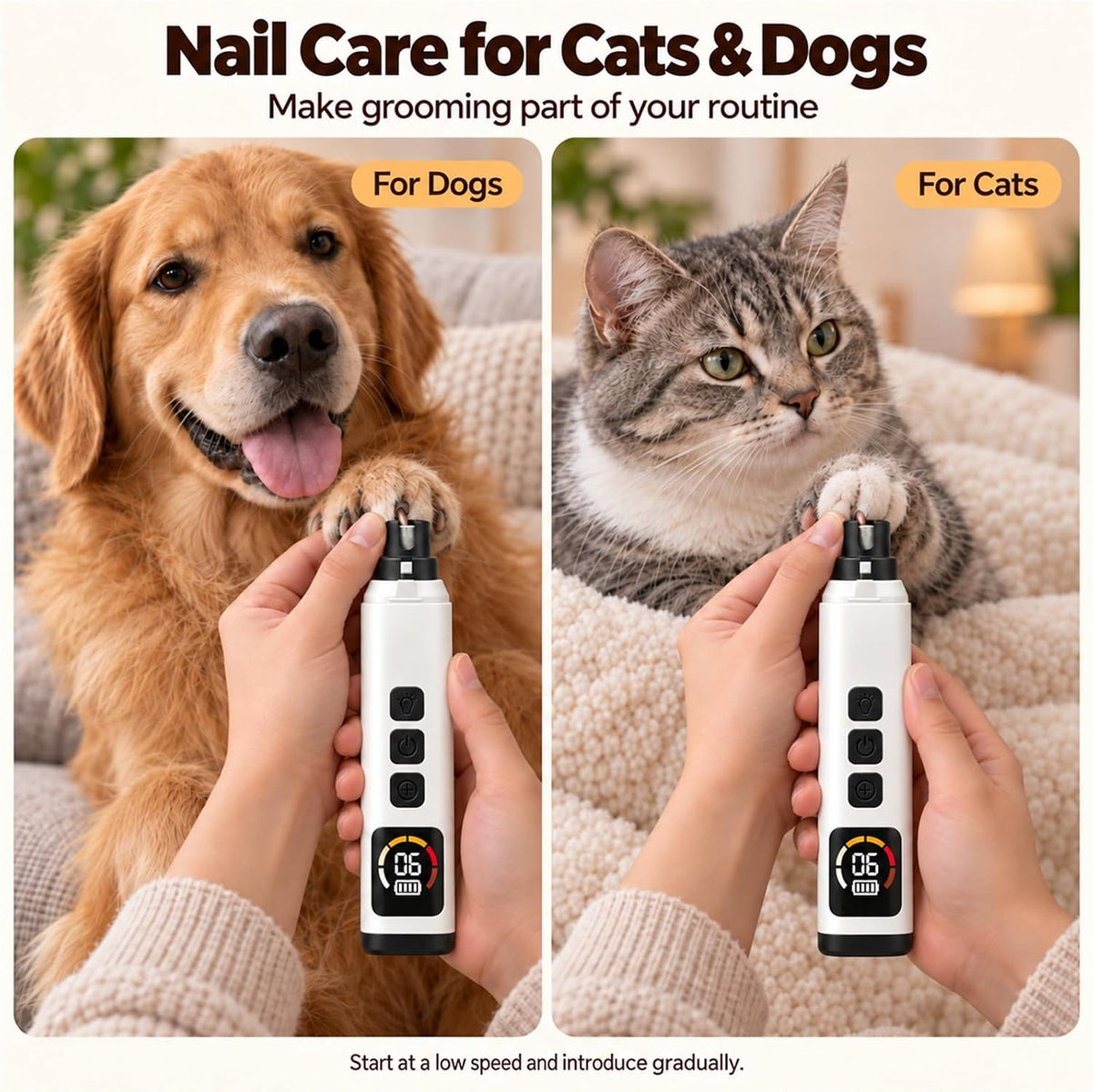 Dog Nail Grinder with 30dB Ultra‑Quiet Brushless Motor, 6‑Speed (6000‑12000RPM), 3‑Port System, LED Lights, 8H Battery, Dust Cap – Painless Grooming for Small, Medium & Large Dogs & Cats