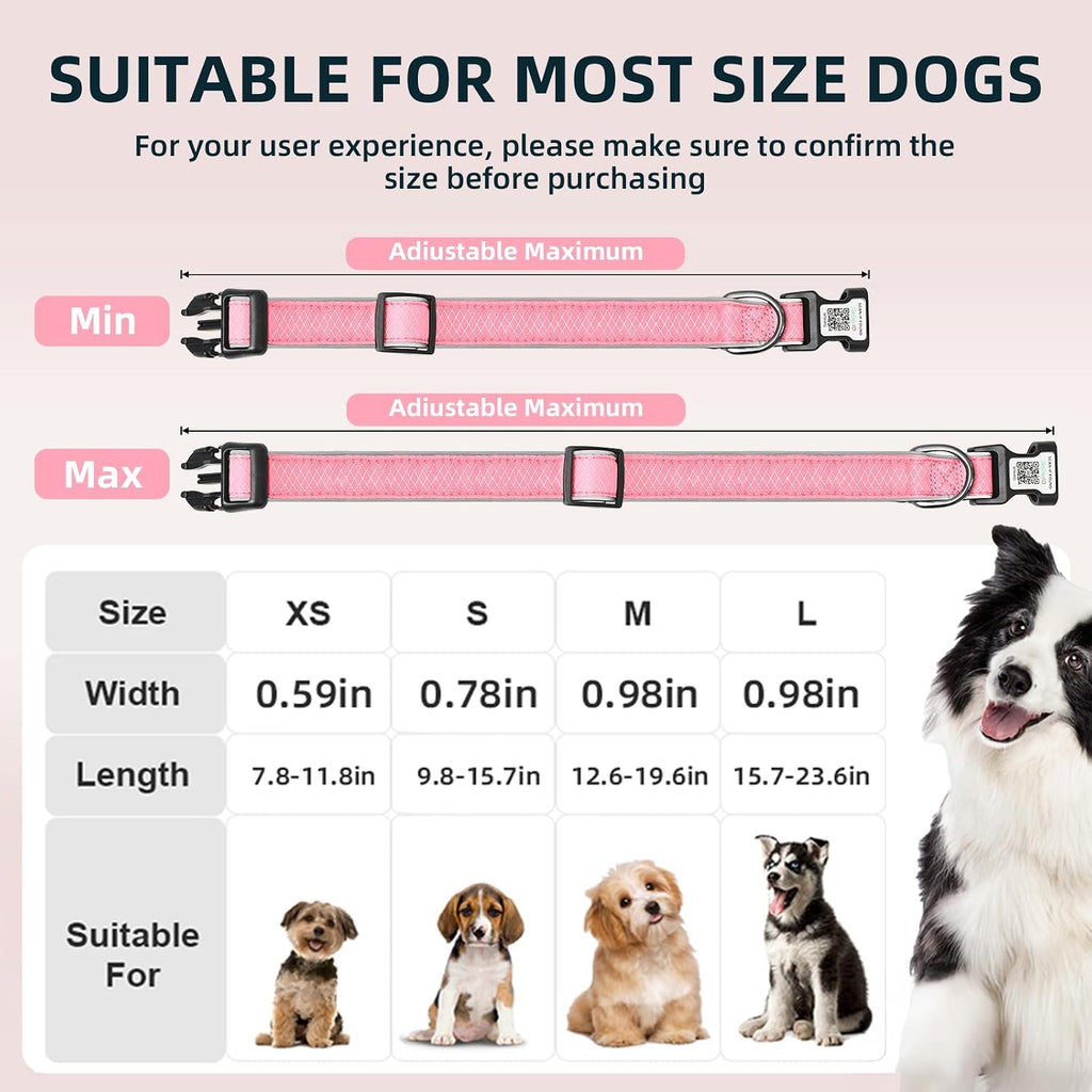 Reflective Dog Collar with QR Code Tag,Neon Pink S (9.8"-15.7")