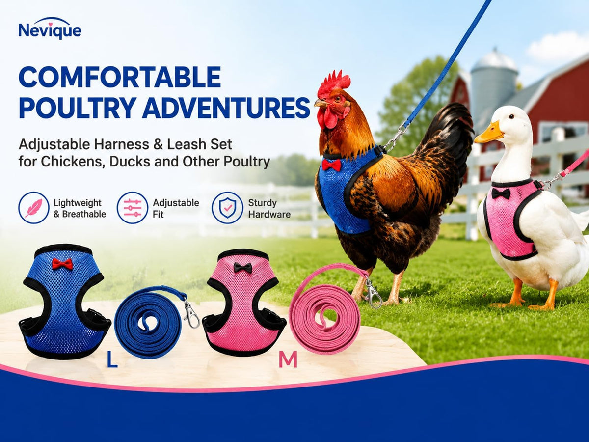 Neivique Chicken Harness and Leash Set, 2 Complete Sets (Blue L + Pink M), Adjustable Breathable Mesh Harness for Chickens, Ducks, Hens & Small Poultry, Escape-Proof Outdoor Walking Training
