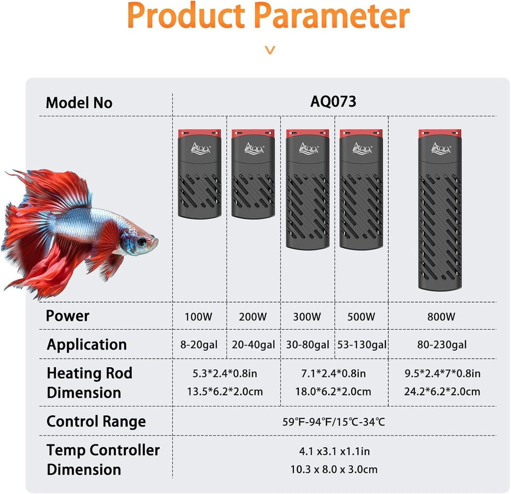 AQQA 800W Aquarium Heater PTC for Fish Tank 80-230 Gallon Submersible Thermostat Adjustable Temp Range 59-94℉ with Intelligent Overheat & Out-of-Water Auto Shut-Off Protection (800W for 80-230Gal)