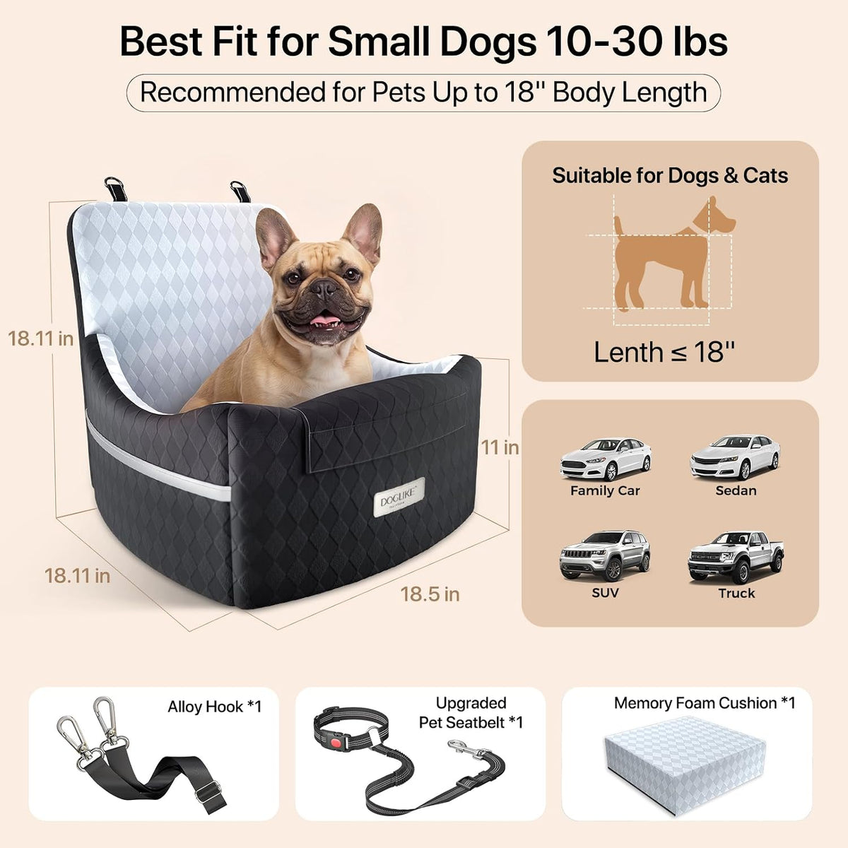 Elevated Dog Car Seat Booster for Small/Medium Dogs up to 35 lbs