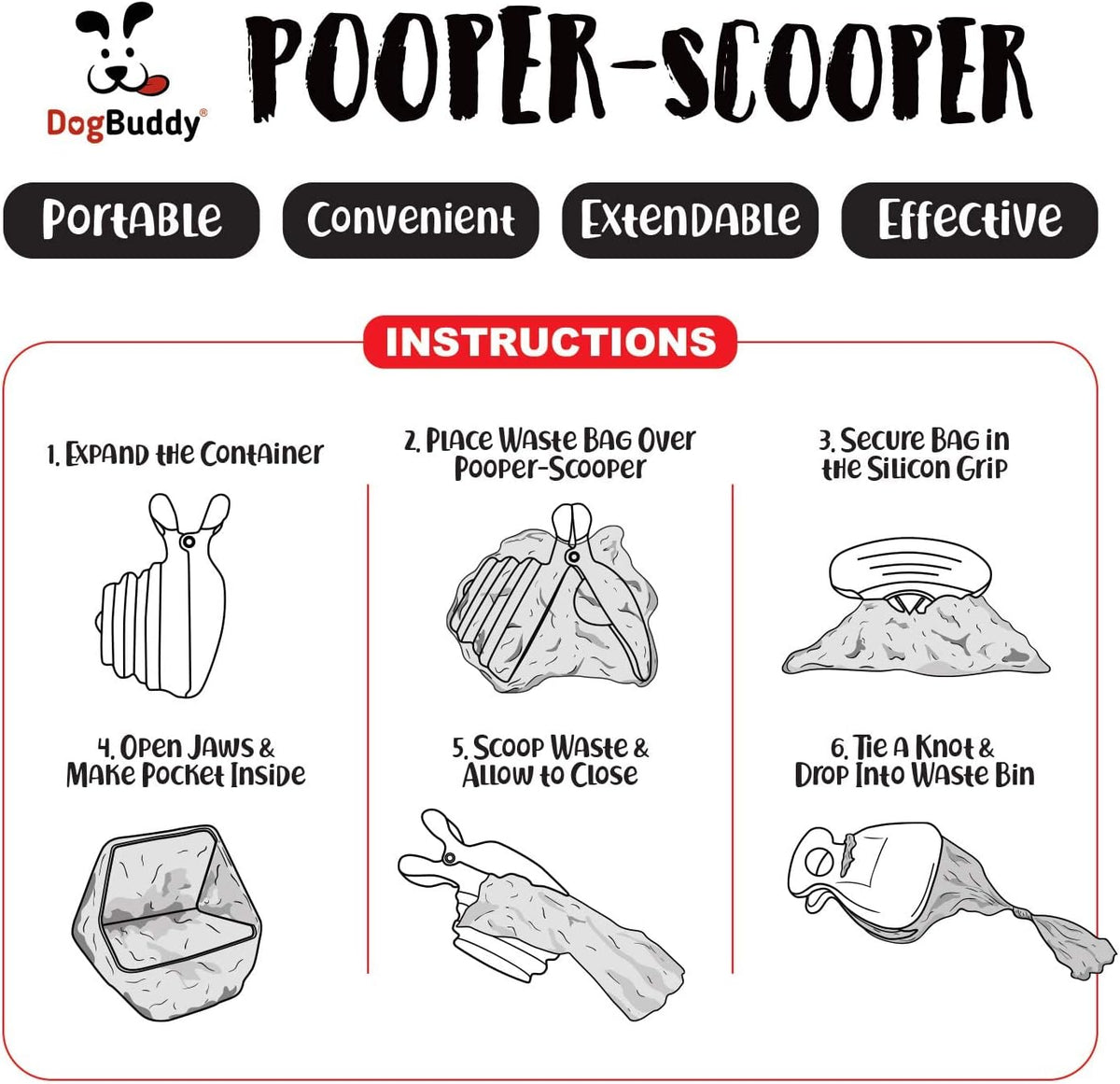 DogBuddy Pooper Scooper, Portable Dog Pooper Scooper, Poop Scooper for Small and Large Dogs, Pooper Scooper with Bag Attachment, Leash Clip and Dog Waste Bags Included (Large, Mist)