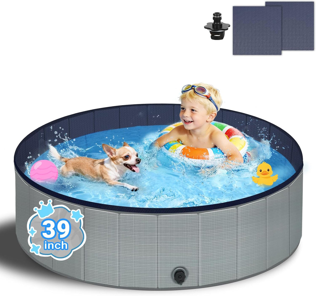 Dog Kiddie Pool for Small Medium Dogs, Kids, 39" Gray