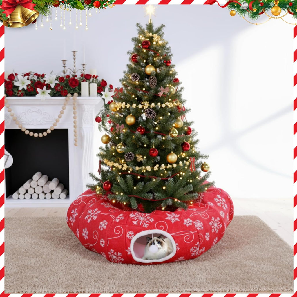 Christmas Tree Cat Donut Tunnel Bed Toy, Red,White