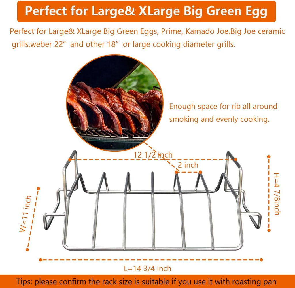 Rib Racks for Big Green Egg, Turkey Roasting Rack Smoking and Grilling Rib Rack, Big Green Egg Accessories, for Large and XLarge Big Green Egg,18" or Bigger Kamado Grill, Stainless Steel