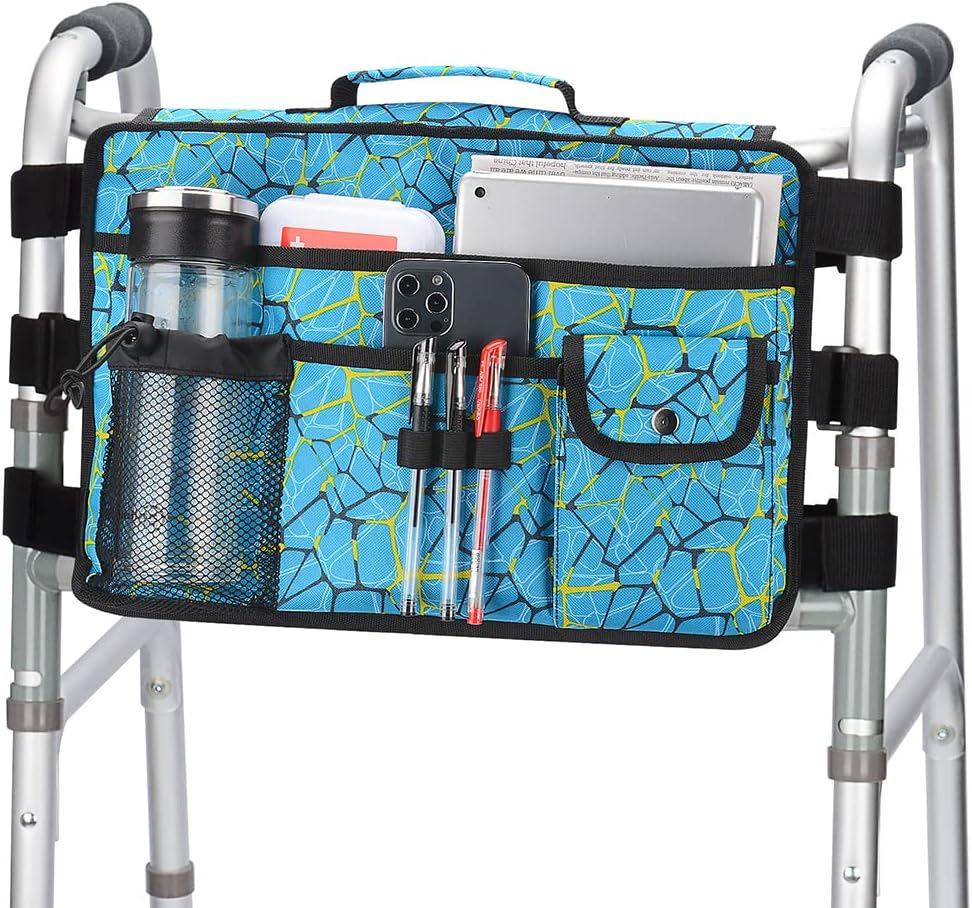 Walker Bag for Seniors-supregear Folding Walker Accessories Bag (Double Sided), Walker Basket Caddy Large Capacity Waterproof Tote with 9 Pockets and Cup Holder