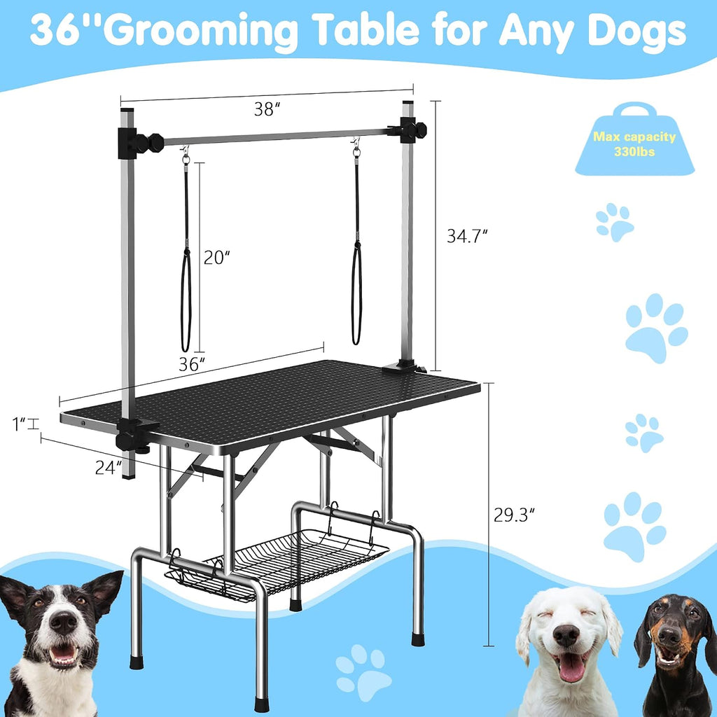 Lyromix 36'' Foldable Dog Grooming Table with Arms/Nooses/Mesh Tray, Black