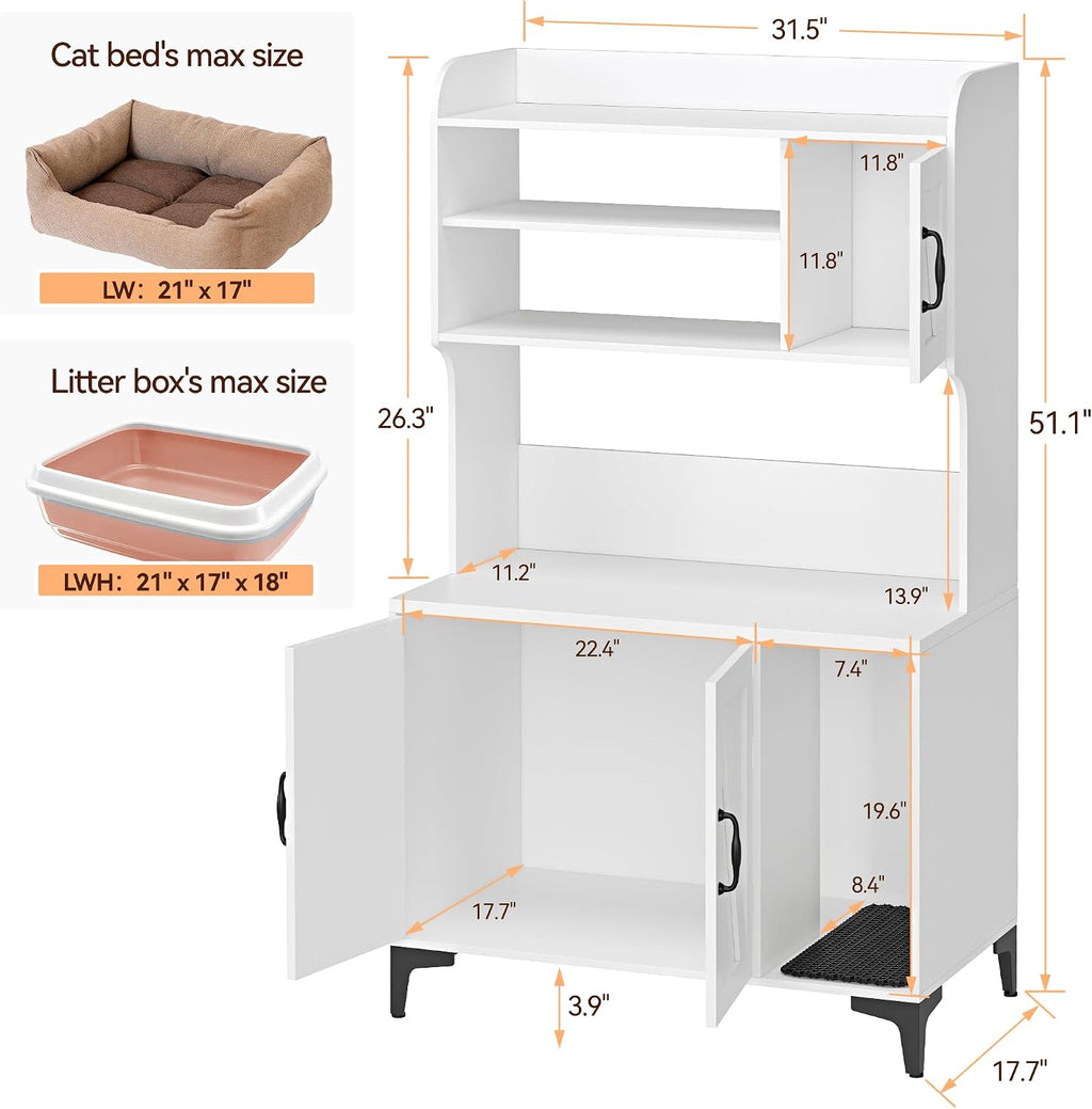 Tall Hidden Cat Litter Box Enclosure Cabinet - 4-Tier Storage Shelves, 2-Door Wood Cat Washroom Furniture, Indoor Cat House - White, with Cat Litter Mat