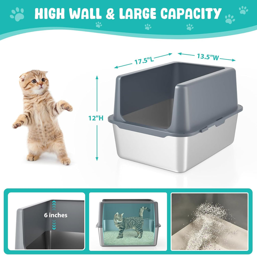 Litter Box with Lid, Stainless Steel Cat Litter Box, 12" High, Grey