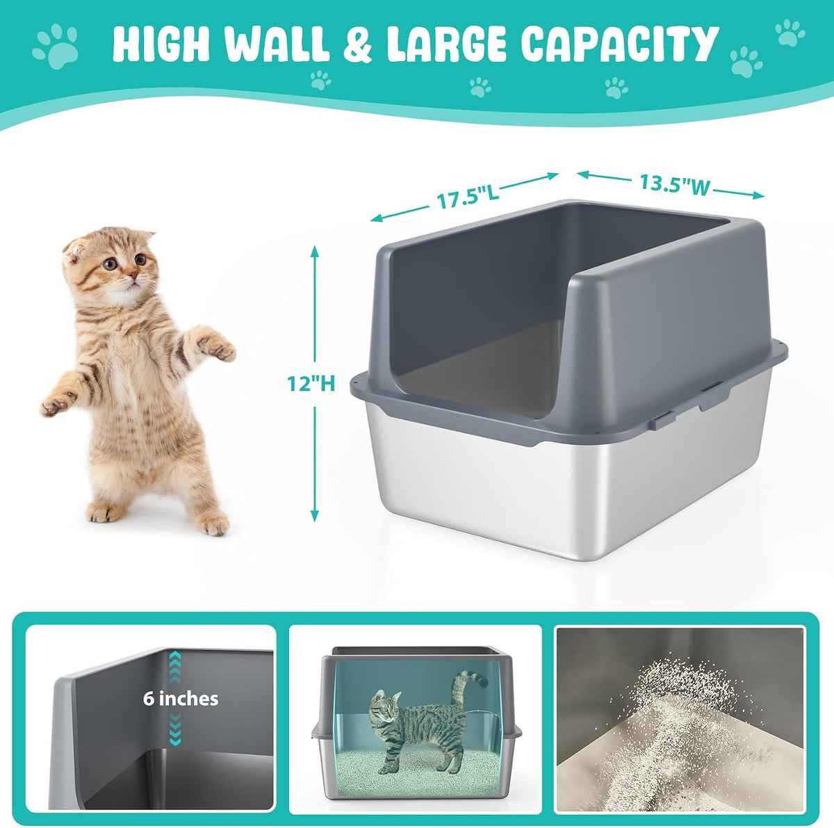 Litter Box with Lid, Stainless Steel Cat Litter Box, 12" High, Grey