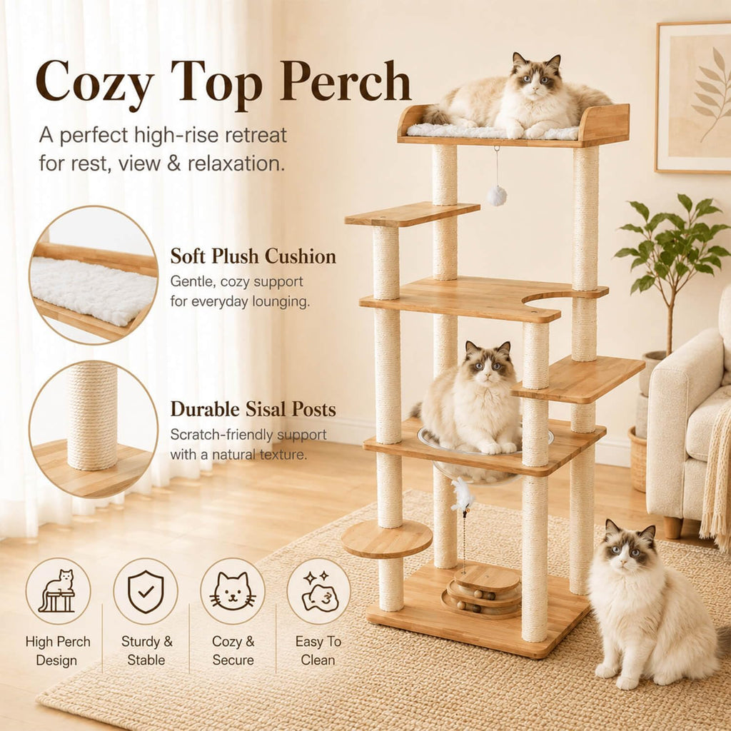 56in Wooden Cat Tree for Large Cats, Tall Sturdy Cat Tower