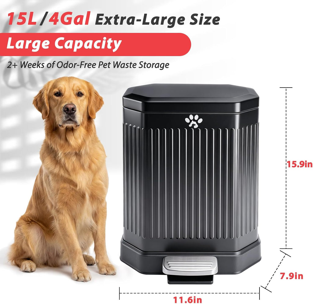 Metal Dog Poop Trash Can Outside with Odor Control Lid, 15L/4Gal Dog Waste Large Bin with Step-On Pedal, Removable Inner Bucket, Bin Bag Holder, 40 Waste Bags, Pet Waste Station for Indoor Outdoor
