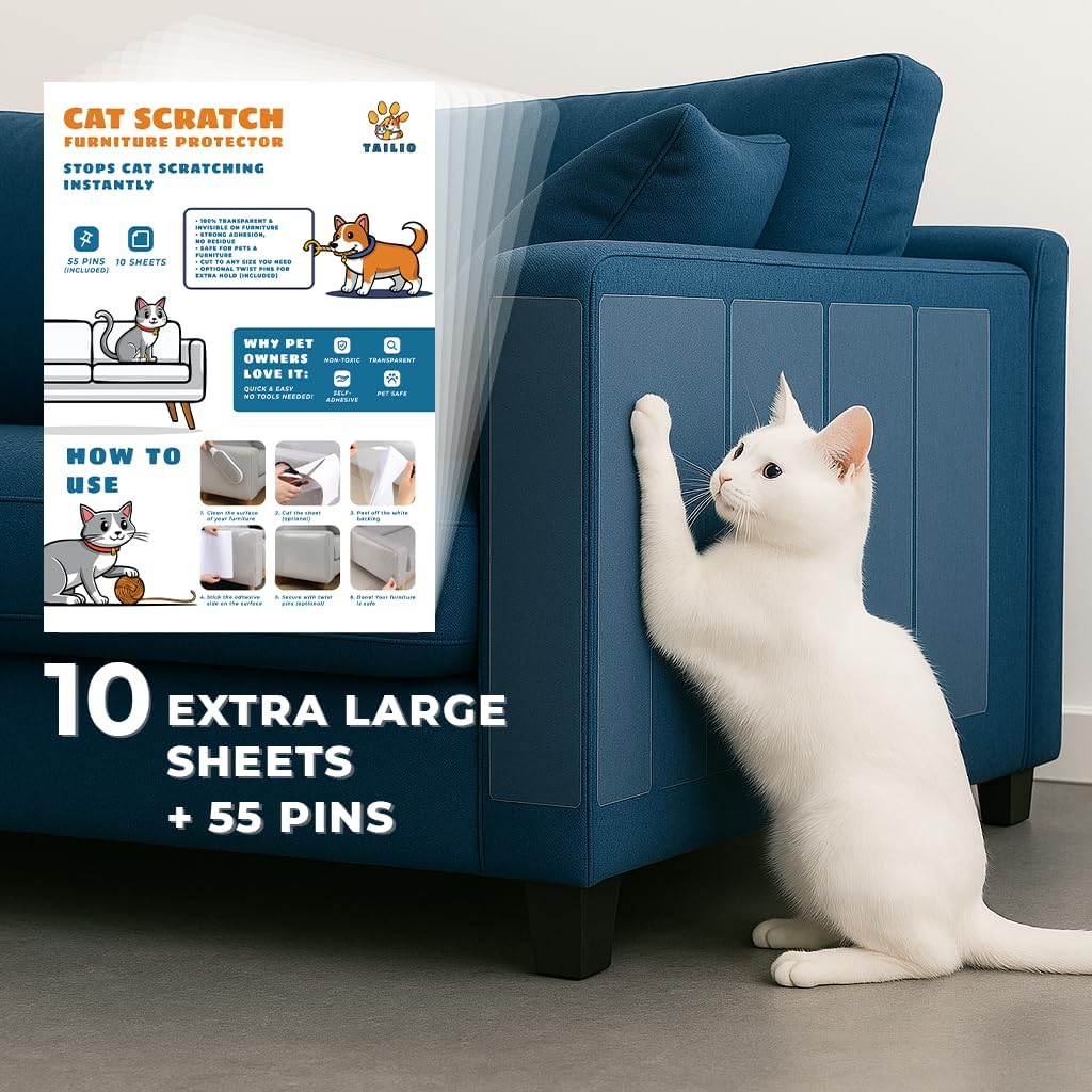 Large Cat Scratch Furniture Protector, 10 Pcs Transparent Couch Protector from Cat Claws, Single-Sided Self-Adhesive Anti-Pet Deterrent Sofa Protector with 55 Pins for Walls & Doors, 17IN
