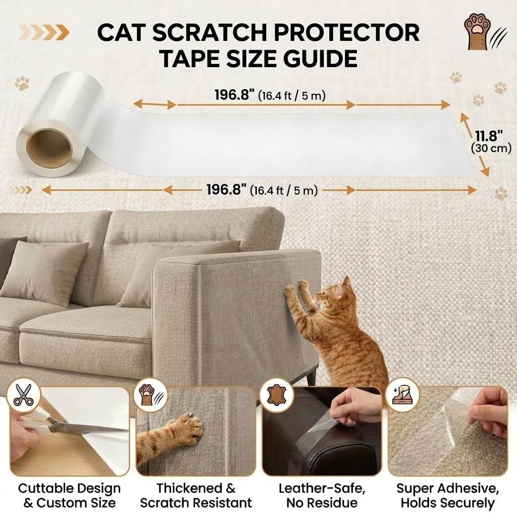 197"x12" Anti Cat Scratch Furniture Protector, Flexible Anti-Claw Couch Furniture Guard for Sofa, Beds, Doors, Tables and Walls, Clear Pet Scratch Deterrent