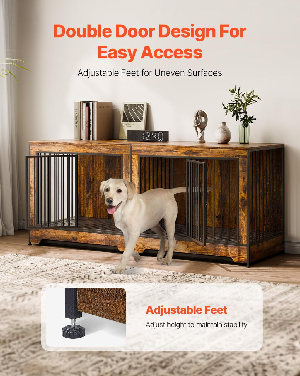 VEVOR 75 inch Dog Crate Furniture for 2 Dogs, Divider, Double Doors, Brown