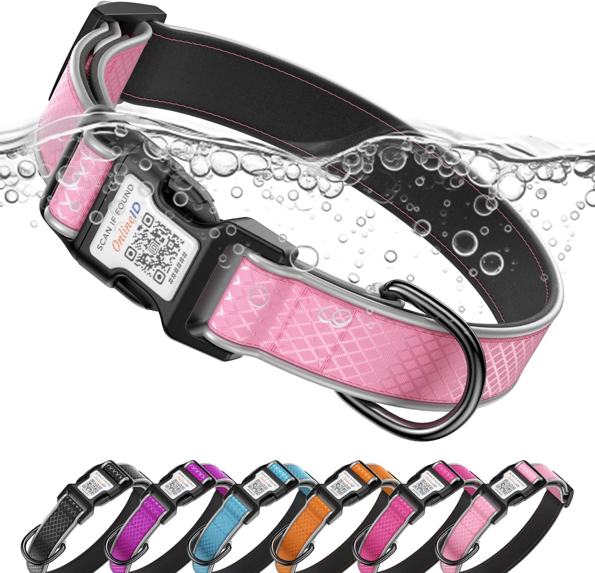 Reflective Dog Collar with QR Code Tag,Neon Pink S (9.8"-15.7")
