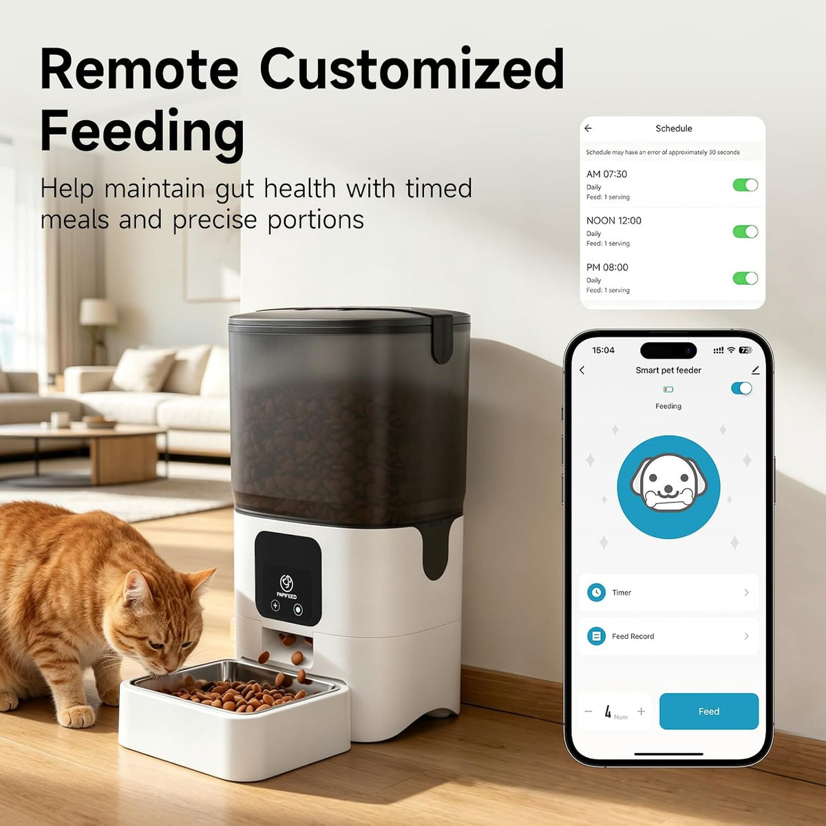 PAPIFEED Automatic Cat Feeder with App, WiFi Auto Cat Feeder, 6L Slow-Feed Cat Food Dispenser for Dry Food, Dual Power Supply Timed Pet Feeder for Small Dog, 10 Meals/Day, 12 Portions/Meal, White