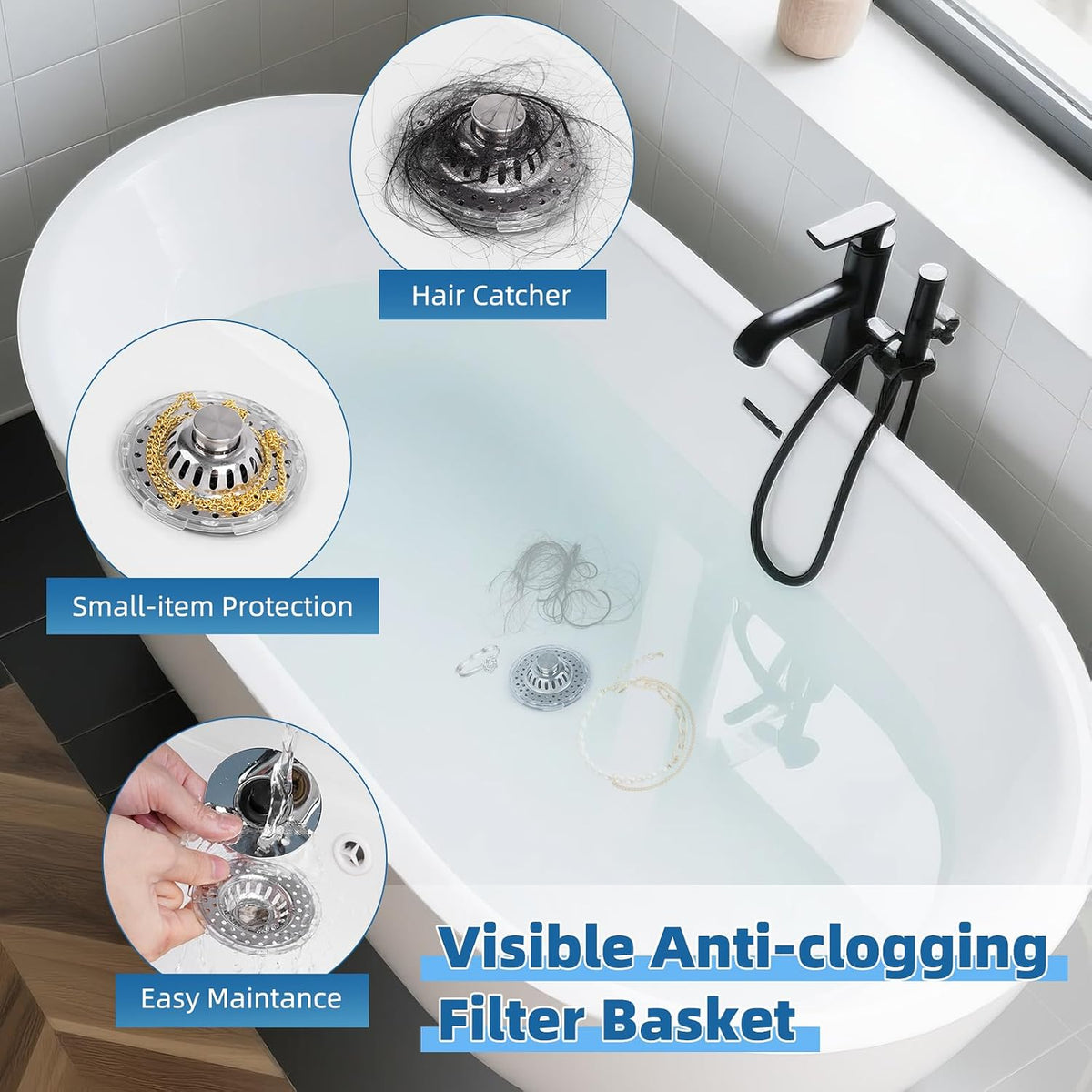 2PCS Universal Bathtub Drain Stopper, All Metal Top Hair Catcher, Chrome