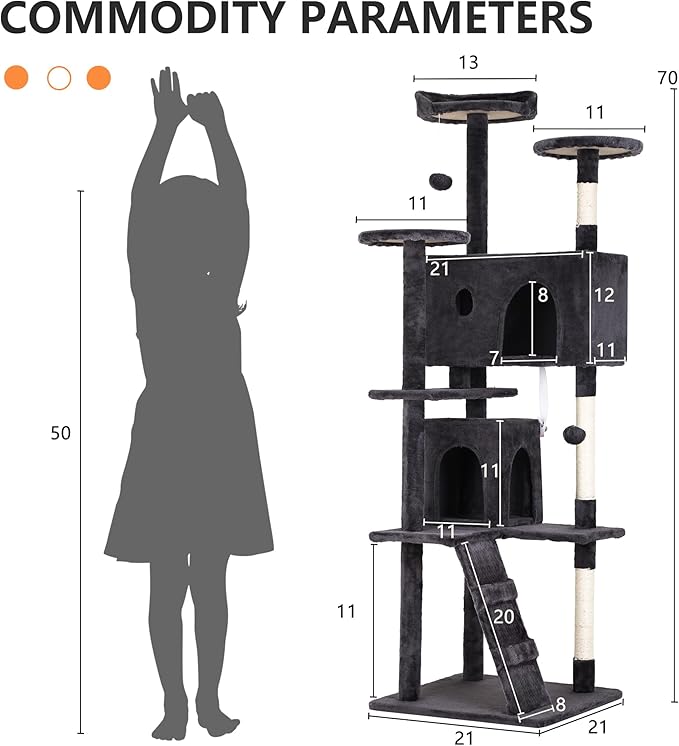 BestPet | 70" Cat Tree Tower | Dark Gray | Sturdy, Hanging Cat Toys, - Image 7