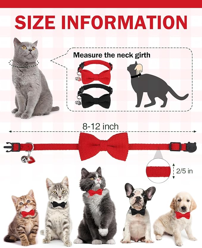 Cat Collar Breakaway with Bells, Soft Cotton Red Cat Bowtie Collar - Image 7