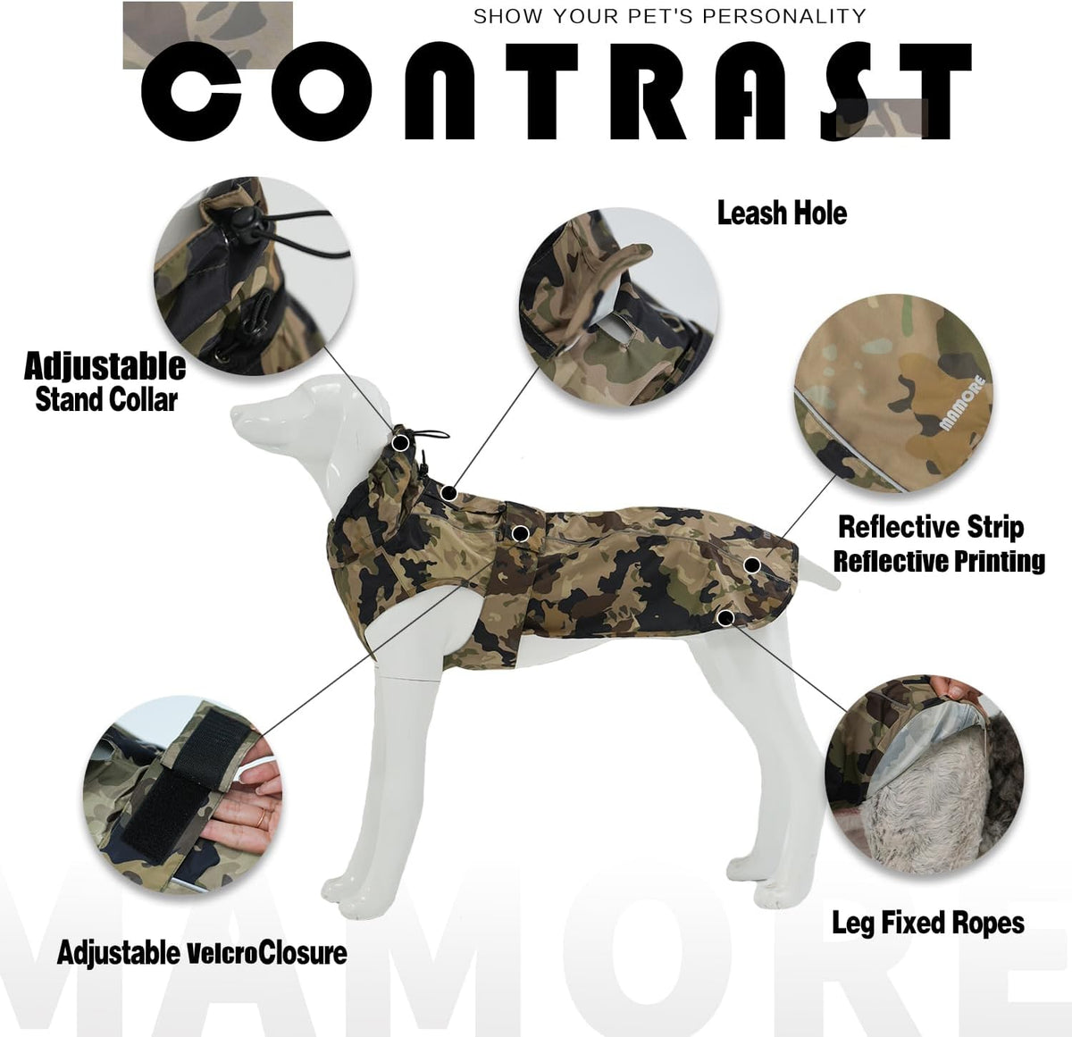 Waterproof Dog Raincoat with Reflective Strip, Adjustable Breathable Rain Coat Jacket with Leash Hole for Dogs (Camo, Small)