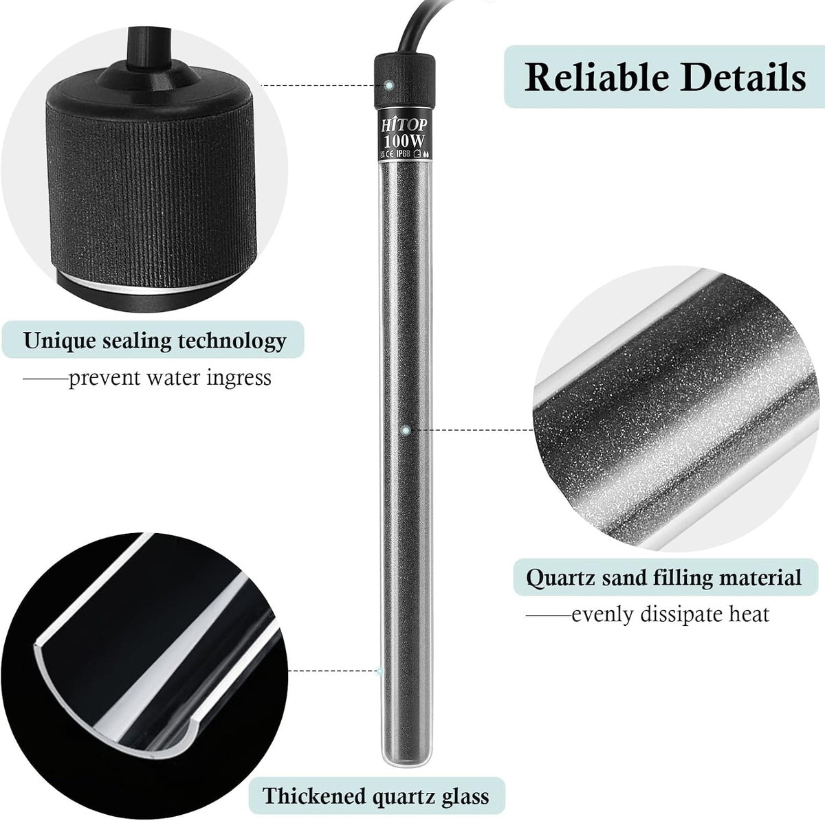 HITOP Compact Submersible Aquarium Heater -100w Digital Heater for Fish Tank Turtle Tank, for Saltwater and Fresh Water with Temperature Controller