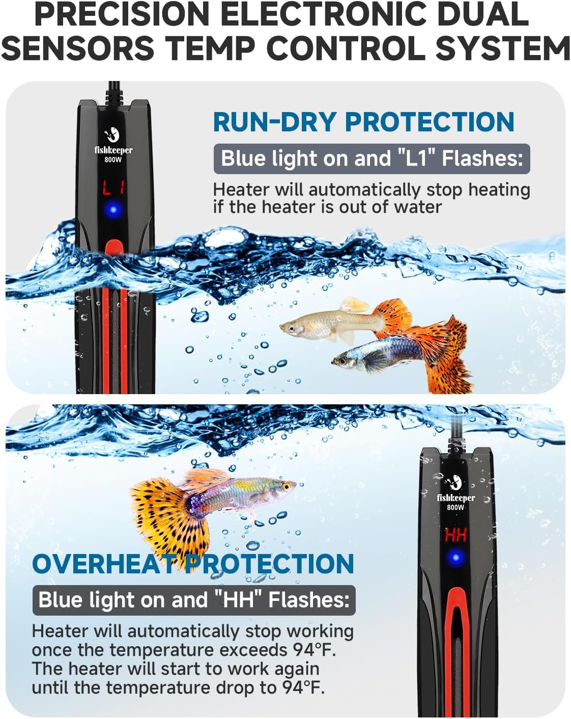 fishkeeper 800W Adjustable Submersible Aquarium Heater, 40-220 Gallon
