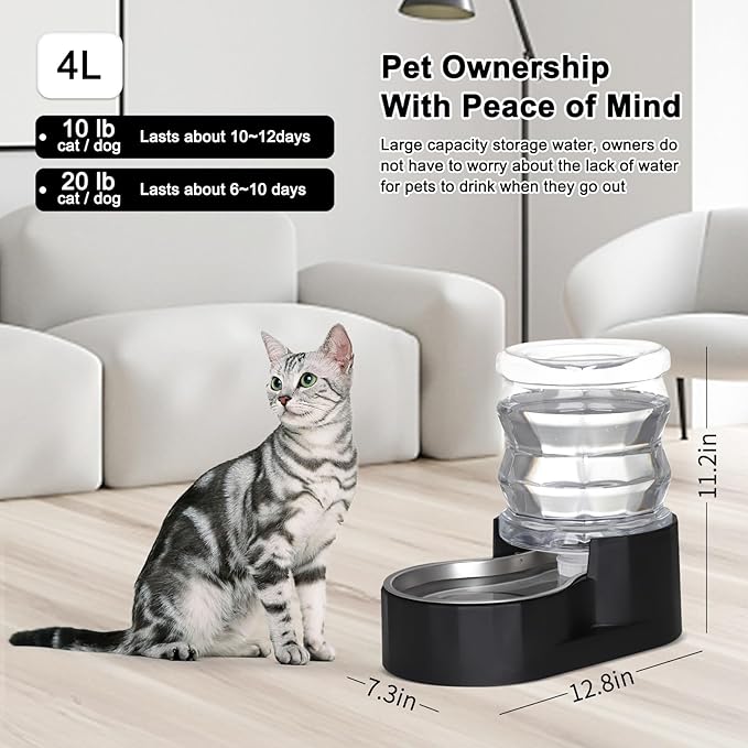 RIZZARI Automatic Gravity Pet Waterer Dispenser : 4L Black Stainless Steel Bowl - Image 5
