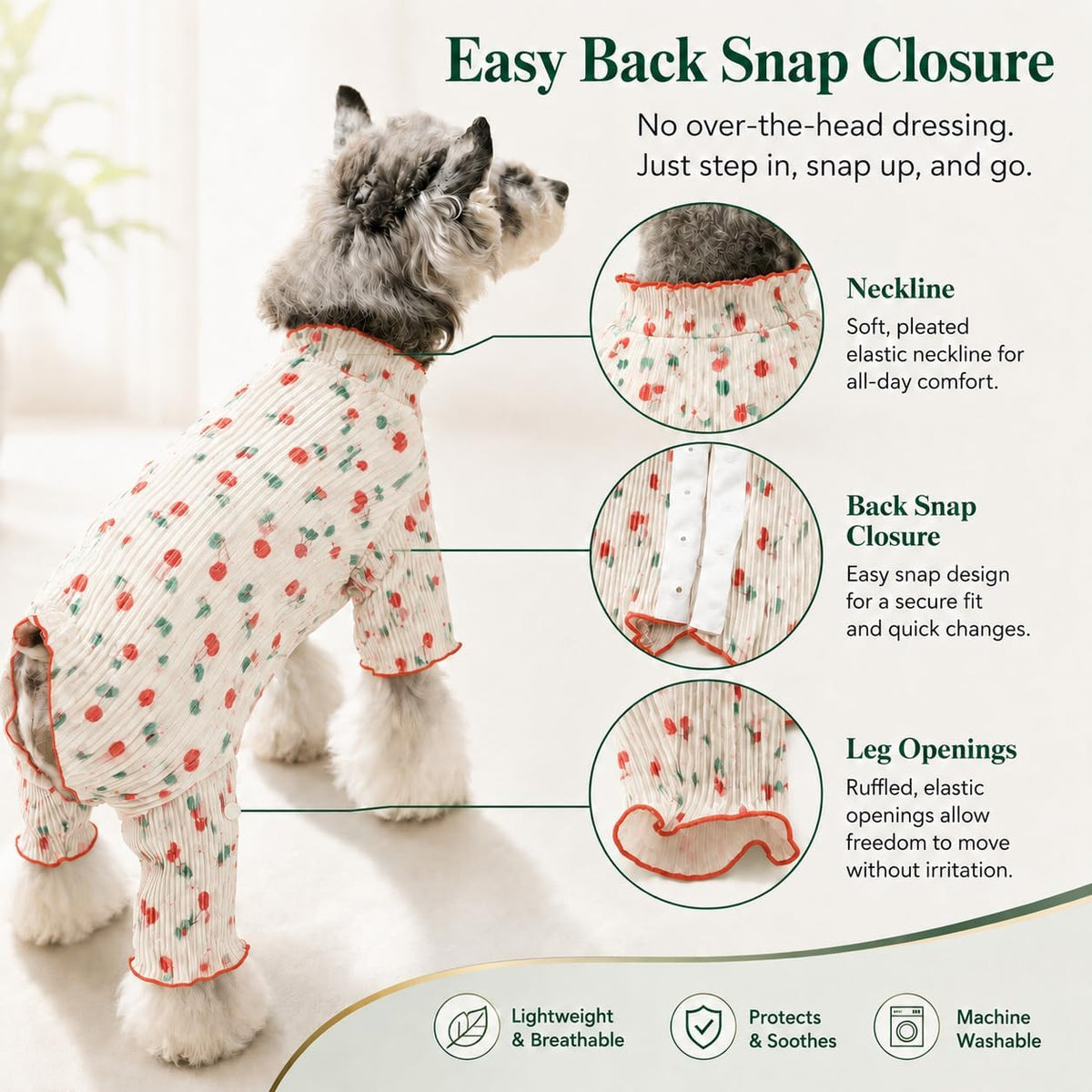 Kukaster Dog Onesie for Female Male Dogs, Breathable Stretchy Recovery Suit Shirt, Cone Alternative to Prevent Licking After Surgery for Small Medium Dogs, Cherries-S