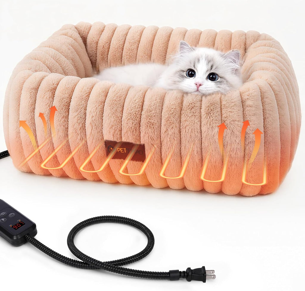 Heated Cat Bed Indoor, 6 Temp & 6 Timer, Removable Washable Cover, Brown, S