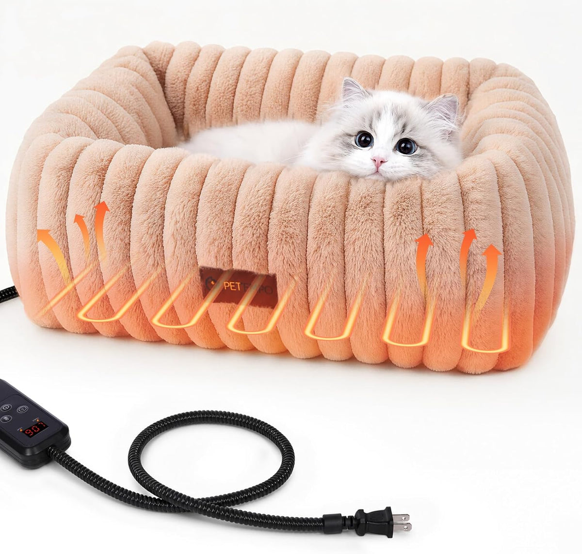 Heated Cat Bed Indoor, 6 Temp & 6 Timer, Removable Washable Cover, Brown, S