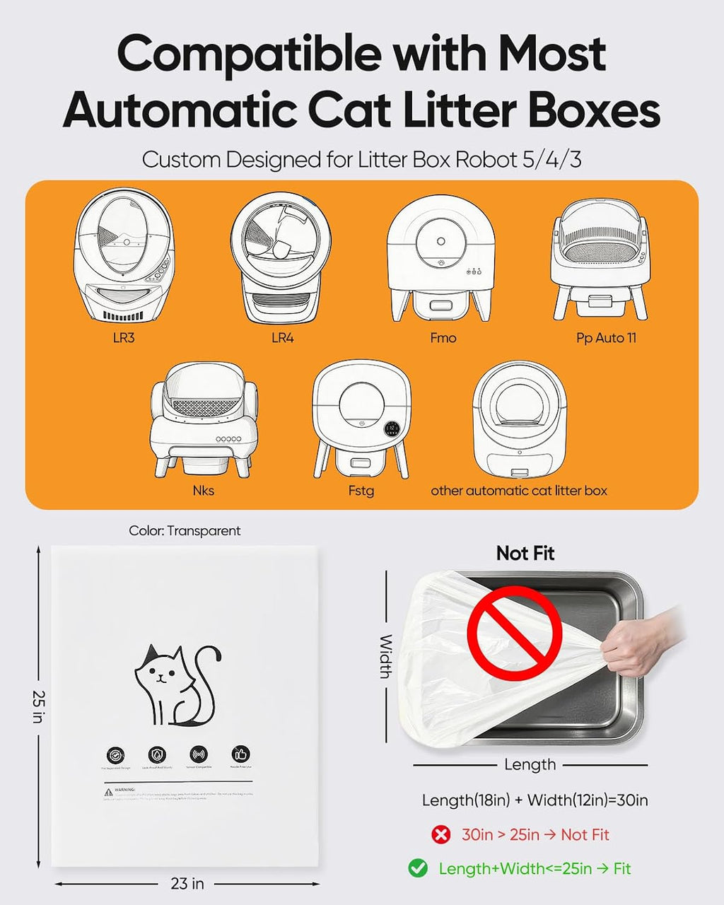 180 Pack Cat Litter Box Robot 4/5/3 Waste Bags, Transparent, Pre-Separated