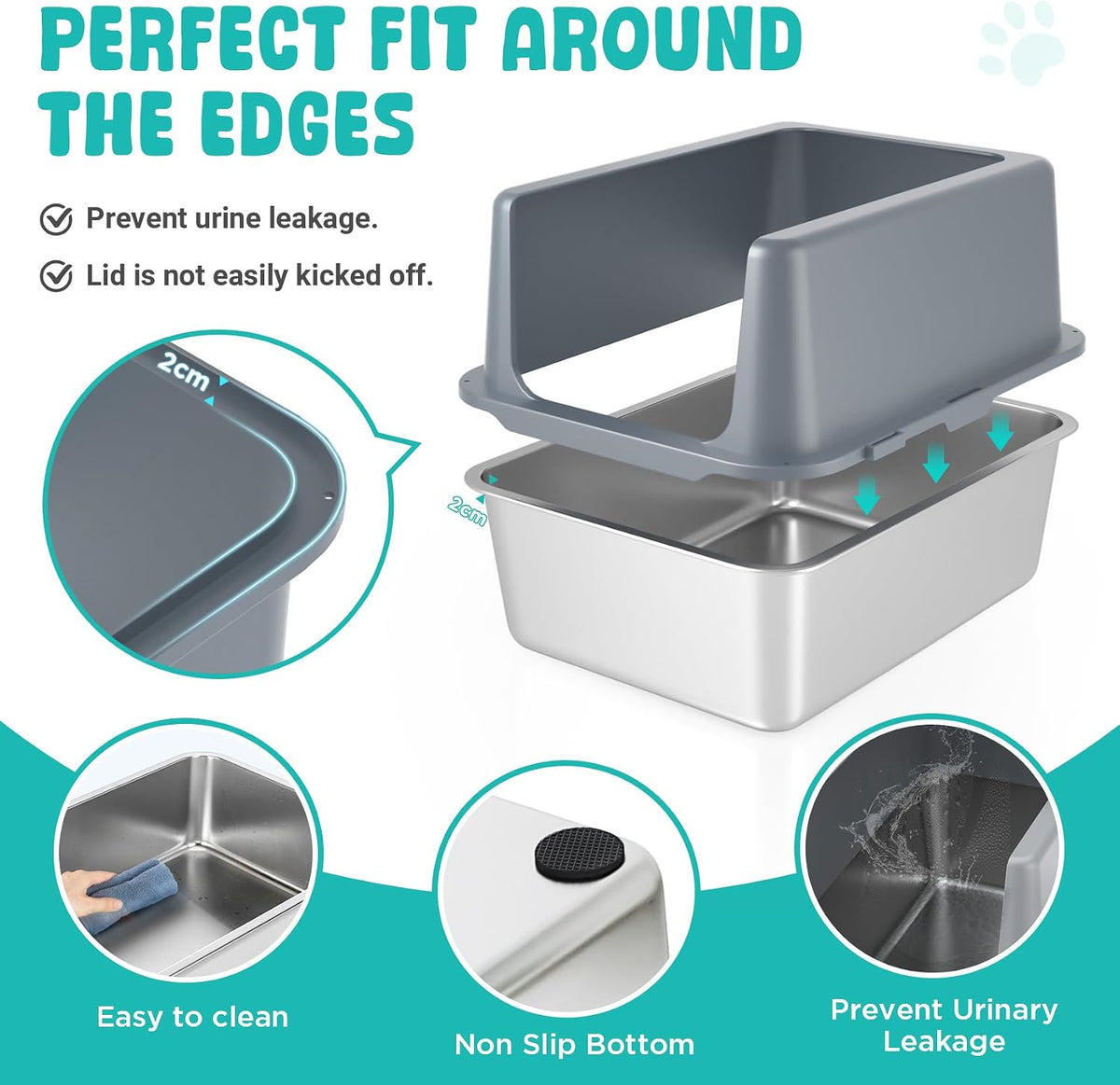 Litter Box with Lid, Stainless Steel Cat Litter Box, 12" High, Grey